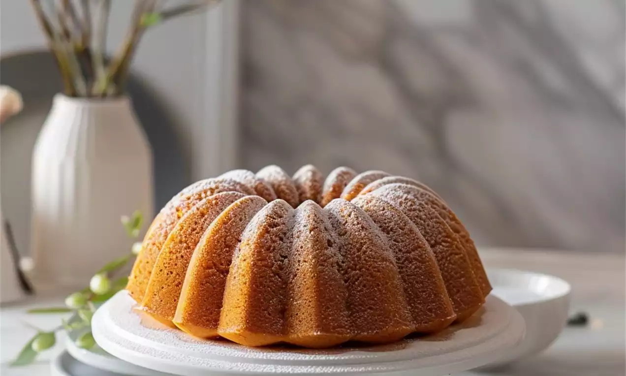 Golden Bundt cake with intricate ridges, lightly dusted with powdered sugar, placed on a white pedestal against a marble backdrop