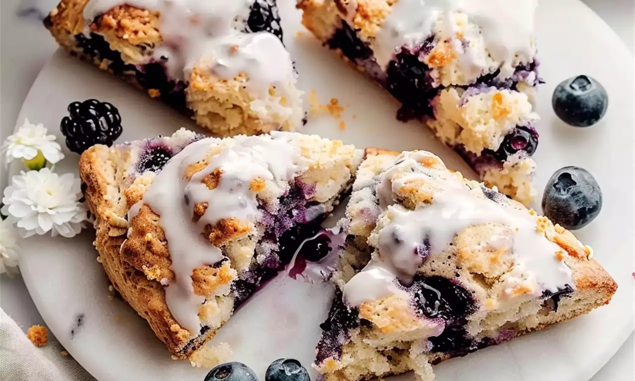 Golden-brown blueberry scones with speckled purple interiors, drizzled white icing, arranged on a white marble plate with fresh blueberries