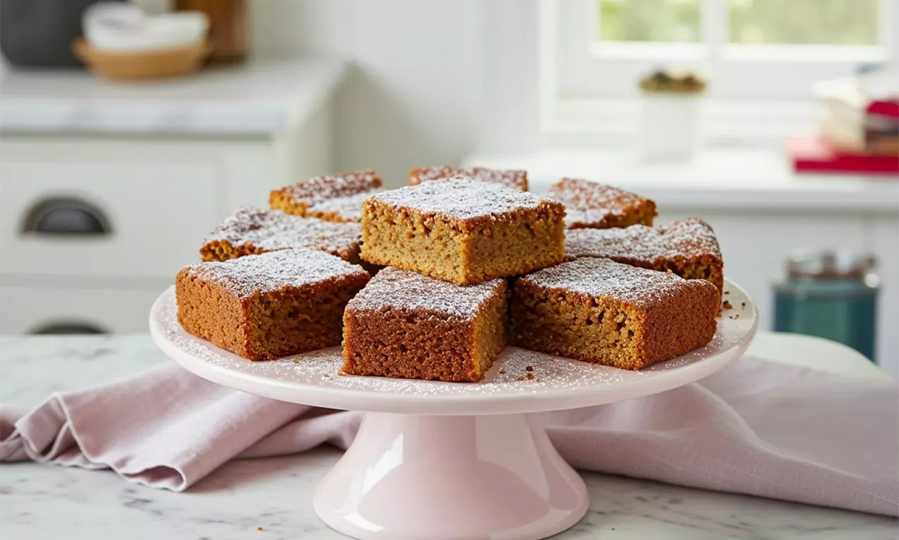 Square slices of parkin with a golden-brown crumb and speckled texture, lightly dusted with icing sugar on a pale pink cake stand