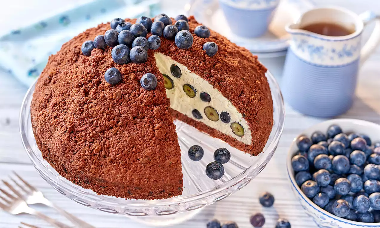 Kulovitý dort sypaný tmavou čokoládovou drobenkou, uvnitř světlý krém s celými borůvkami, nahoře hezky rozložené čerstvé borůvky