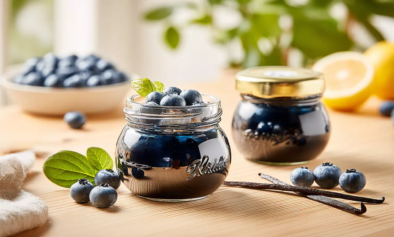 Confiture lisse d’un bleu profond dans un pot transparent, ornée de myrtilles fraîches, d’une feuille verte et de gousses de vanille