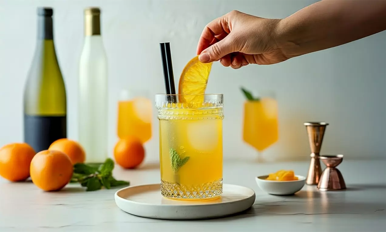 Picture - A translucent glass of golden orange sangria with ice cubes, mint leaf, and a fresh orange slice held above, set on a white plate