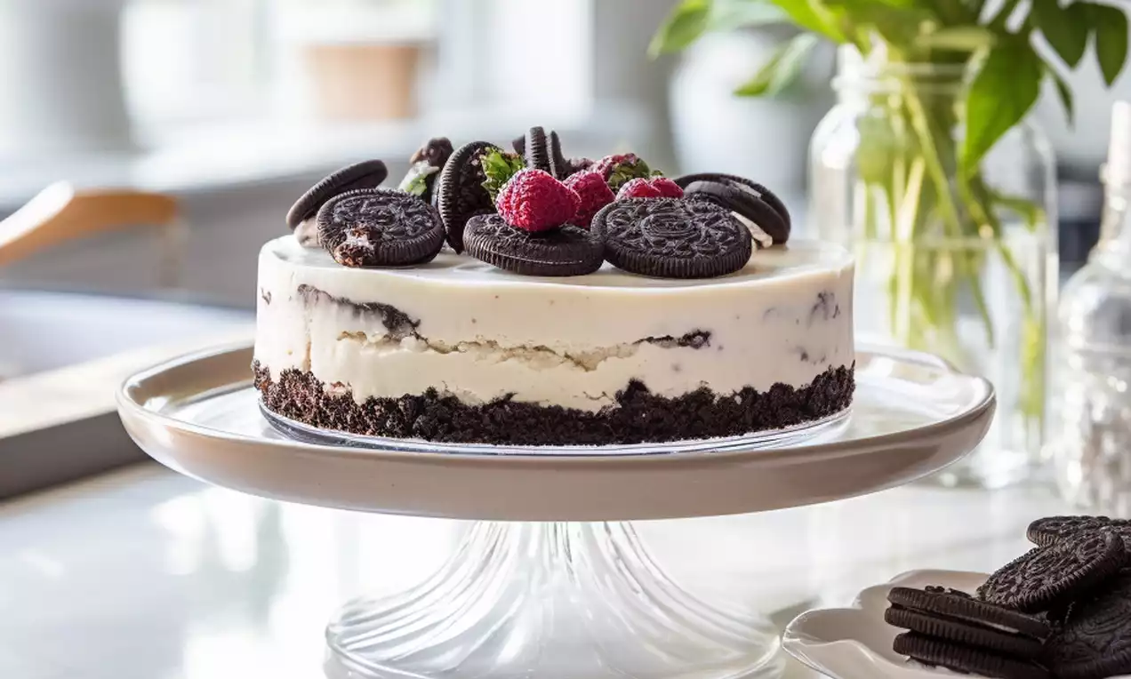 Oreo®-Cheesecake mit cremiger weißer Füllung auf dunklem Keksboden, getoppt mit Oreo®-Keksen und frischen Himbeeren auf einer Glasplatte