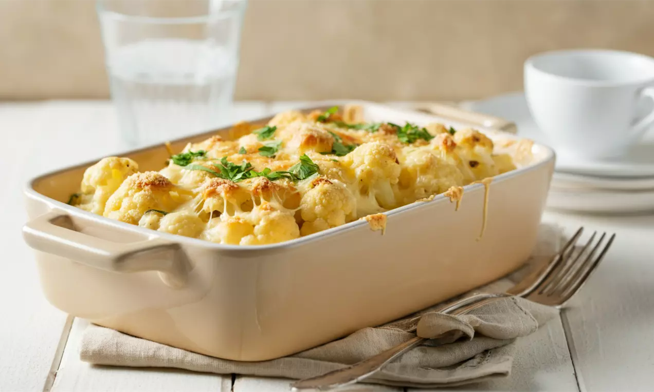 Dampfende Auflaufform mit einfachem Blumenkohl Auflauf Rezept mit cremiger Béchamelsoße und Käse überbacken. Schnell, einfach, gesund und unkompliziert für jeden Tag.