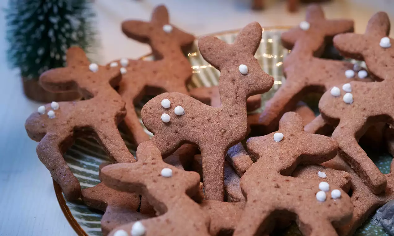 Kakao keksi u obliku jelena s bijelim točkicama glazure na zeleno-bijelom tanjuru, u pozadini grančica bora i svjetlucavi ukrasi