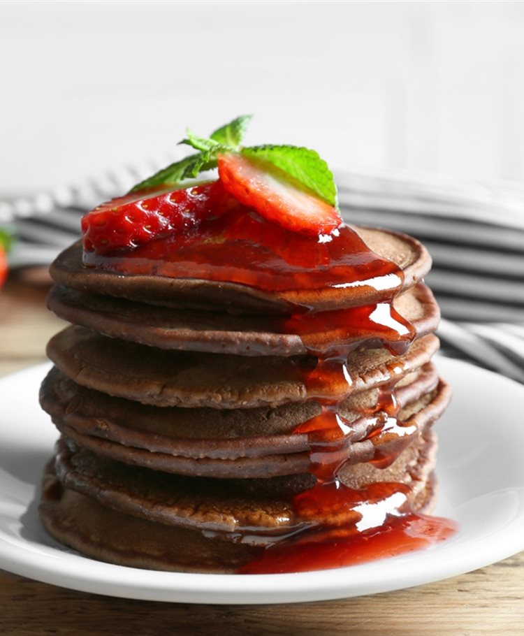 Chocolate Pancakes with Strawberry Sauce