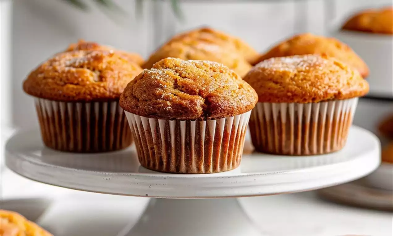 Muffins dorés à la banane à la texture moelleuse avec des sommets légèrement bombés sur un plat blanc à pied