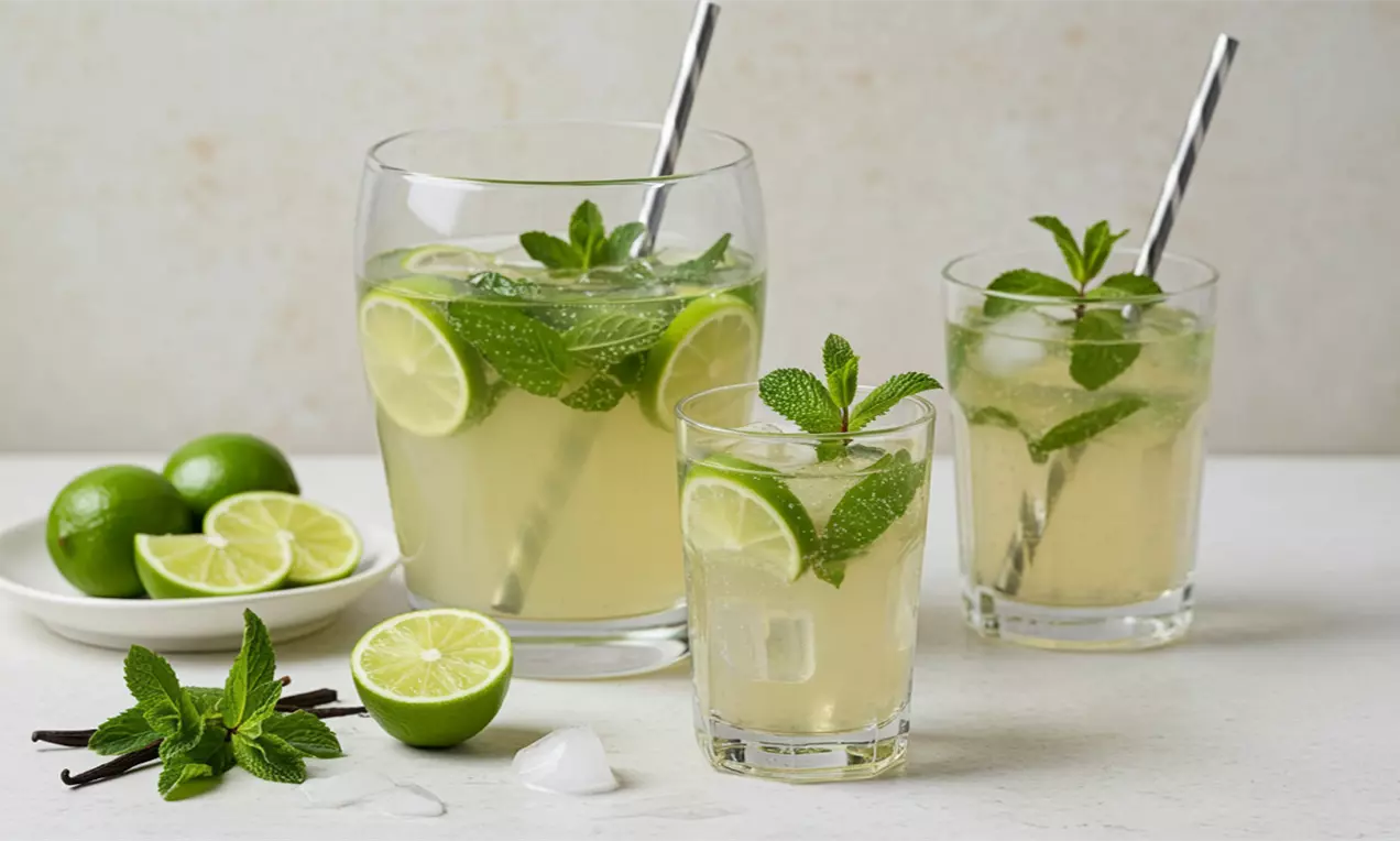 Светлозелен коктейл с ледени кубчета, резени лайм и свежи стръкове мента в чаша с метална сламка, до кана и купа с лаймове