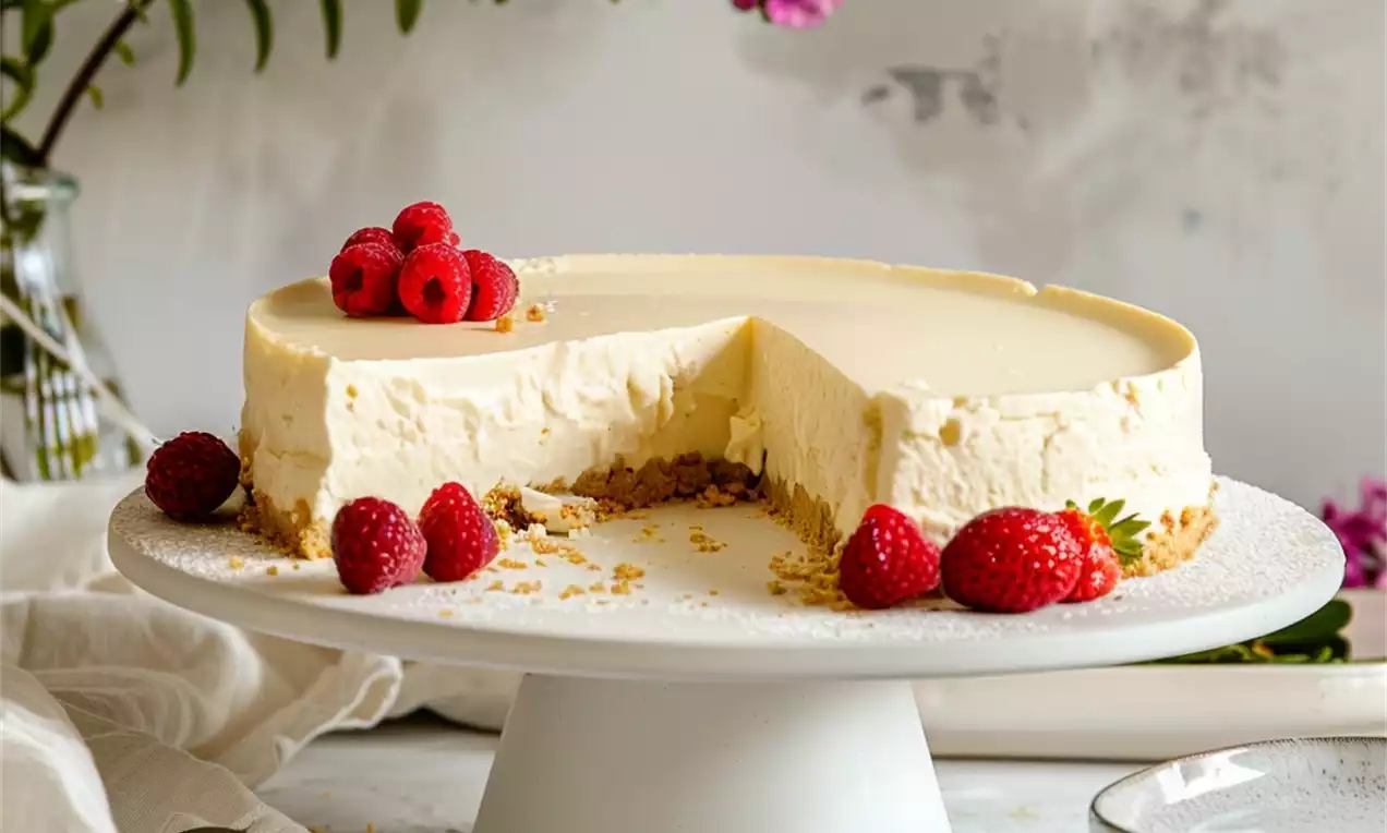 Cheesecake sans cuisson à la texture crémeuse beige pâle sur une base biscuitée brun clair, décoré de framboises rouges sur un socle blanc