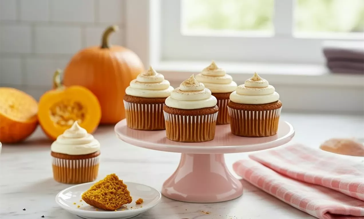 Pumpkin spiced cupcakes with warm orange sponge topped with smooth swirls of pale cream frosting, arranged on a pink cake stand