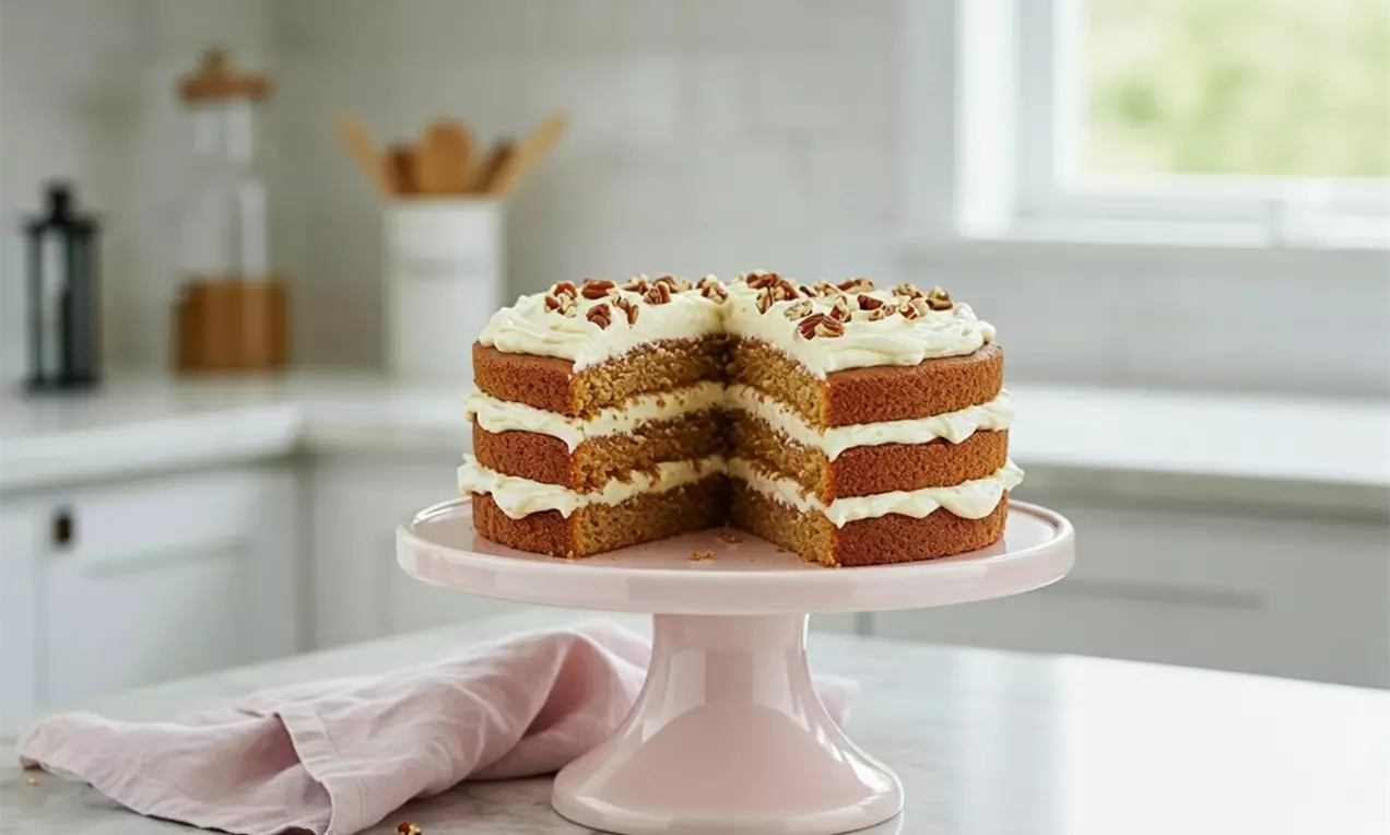 Hummingbird cake with moist golden-brown layers, creamy white frosting, and chopped pecans on top, displayed on a pale pink stand
