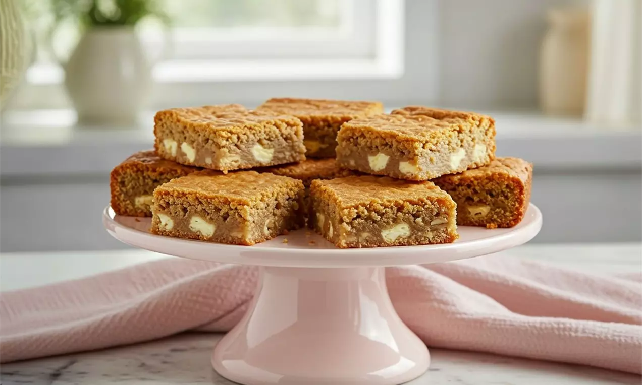 Squares of golden blondies with a chewy texture, dotted with white chocolate chunks, arranged on a pale pink cake stand on marble