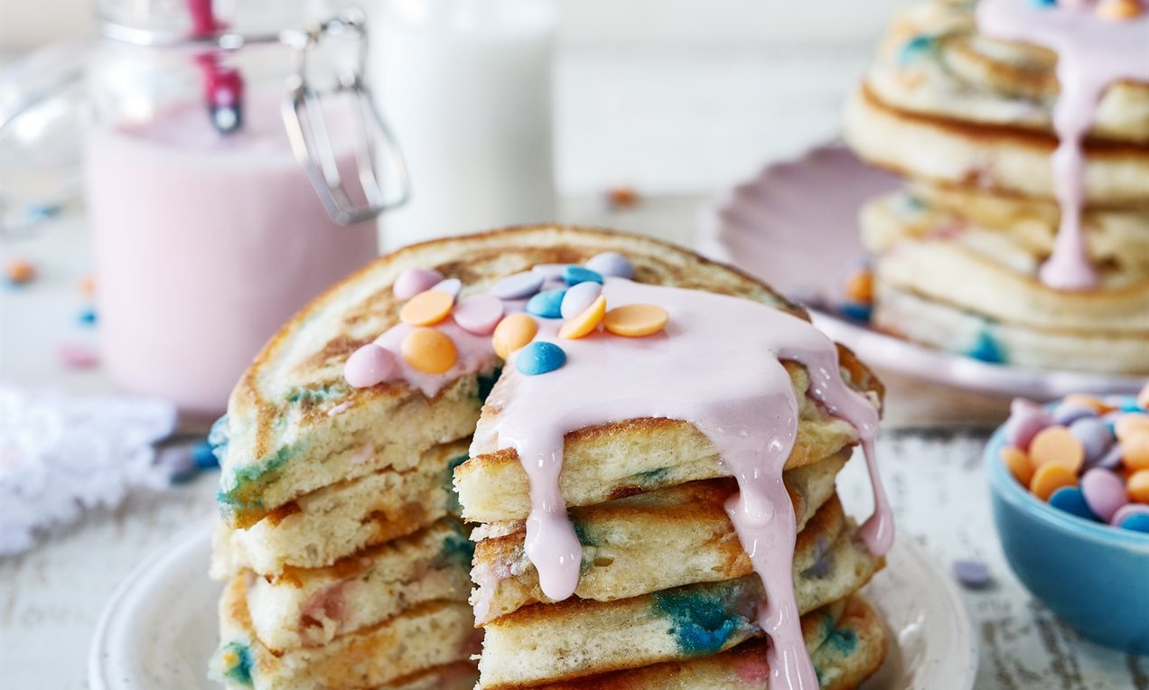 Unicorn Chip Pancakes with Marshmallow Sauce