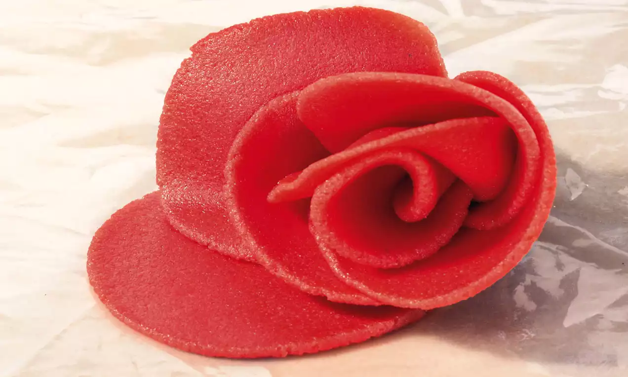 Leuchtend rote, samtige Marzipanrose mit dünnen, geschwungenen Blütenblättern auf hellem Untergrund liegend