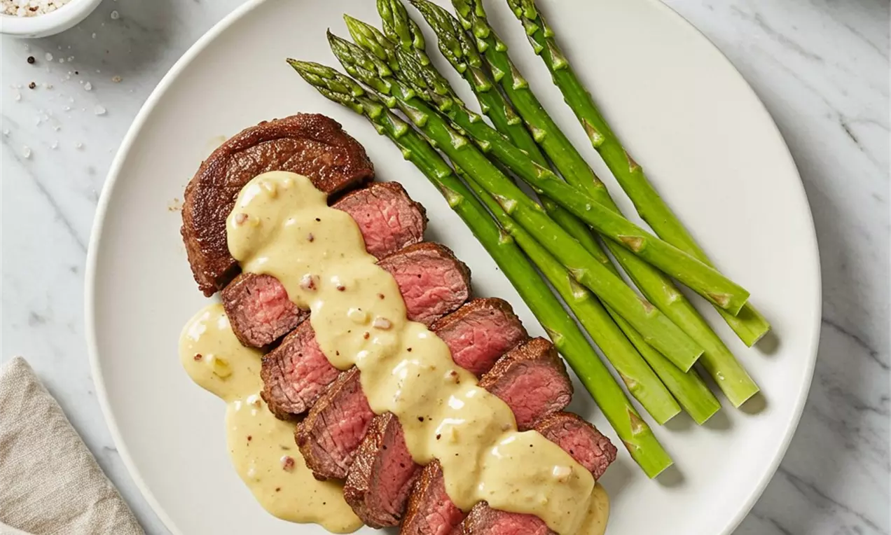 Picture - Sliced, seared steak with a glossy golden bacon vanilla sauce, paired with vibrant green asparagus spears on a white plate