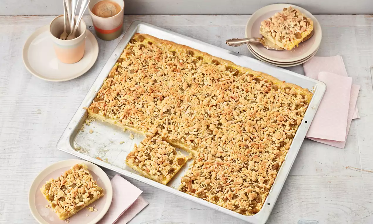 Rechteckiger Blechkuchen mit hellgelbem Pudding, saftigen Stachelbeeren und goldbraunen Streuseln, serviert in Stücken auf rosafarbenen Tellern