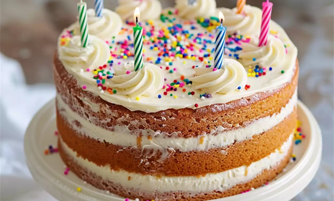 Two-layer naked sponge cake with white frosting swirls, colorful sprinkles, lit striped candles, and a white cake stand backdrop
