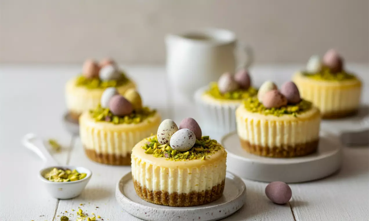 Kleine, runde Cheesecakes mit hellem Boden und gelber Füllung, bestreut mit Pistazien und dekoriert mit bunten Schokoladeneiern auf weißen Tellern