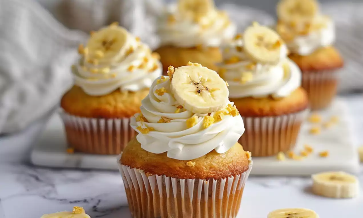 Golden banana cupcakes with swirls of white frosting, topped with banana slices and crumbs, arranged on marble with scattered banana pieces