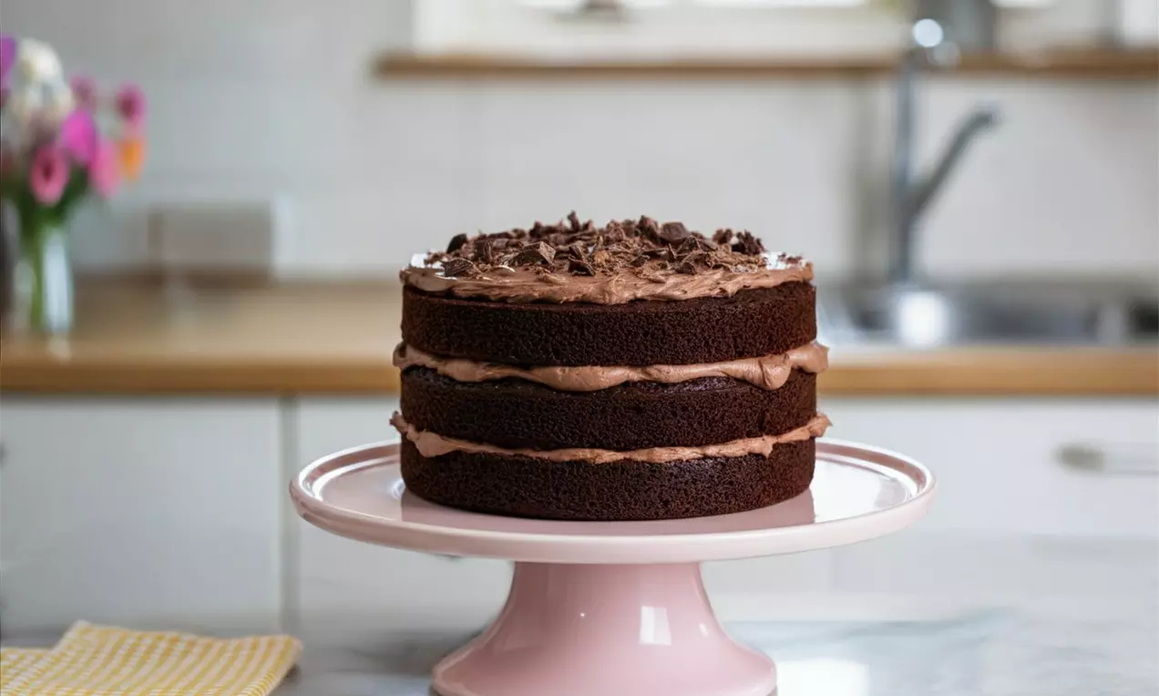 A rich chocolate Victoria sponge cake with three dark brown layers, smooth chocolate cream filling, and chocolate shavings on top on a pale pink cake stand