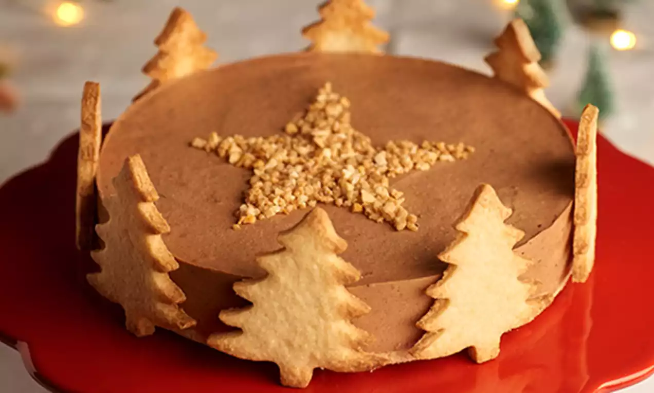 Tarta de crema marrón con textura suave coronada por una estrella de crocante dorado, bordeada por galletas en forma de abetos sobre un plato rojo