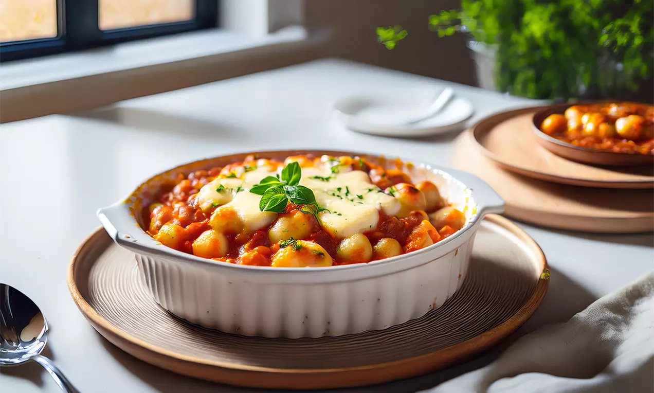 Auflaufform mit Gnocchi in Tomatensoße mit Käse überbacken auf Untersetzer auf Küchentisch. Gnocchi Auflauf schnell, einfach, Perfektes Rezept für jeden Tag!