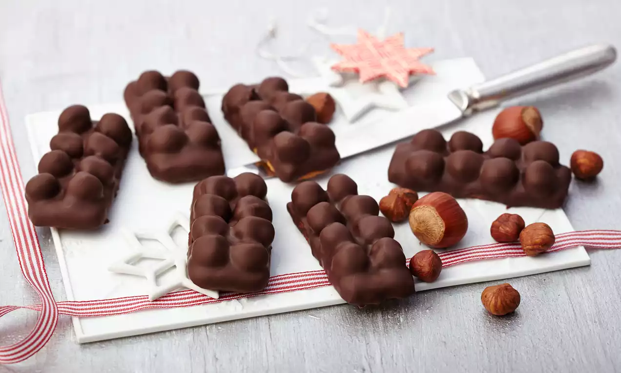 Nussprinten mit glänzender dunkler Schokoladenglasur, rechteckige Form mit noppenartiger Oberfläche, arrangiert auf weißem Teller mit Haselnüssen