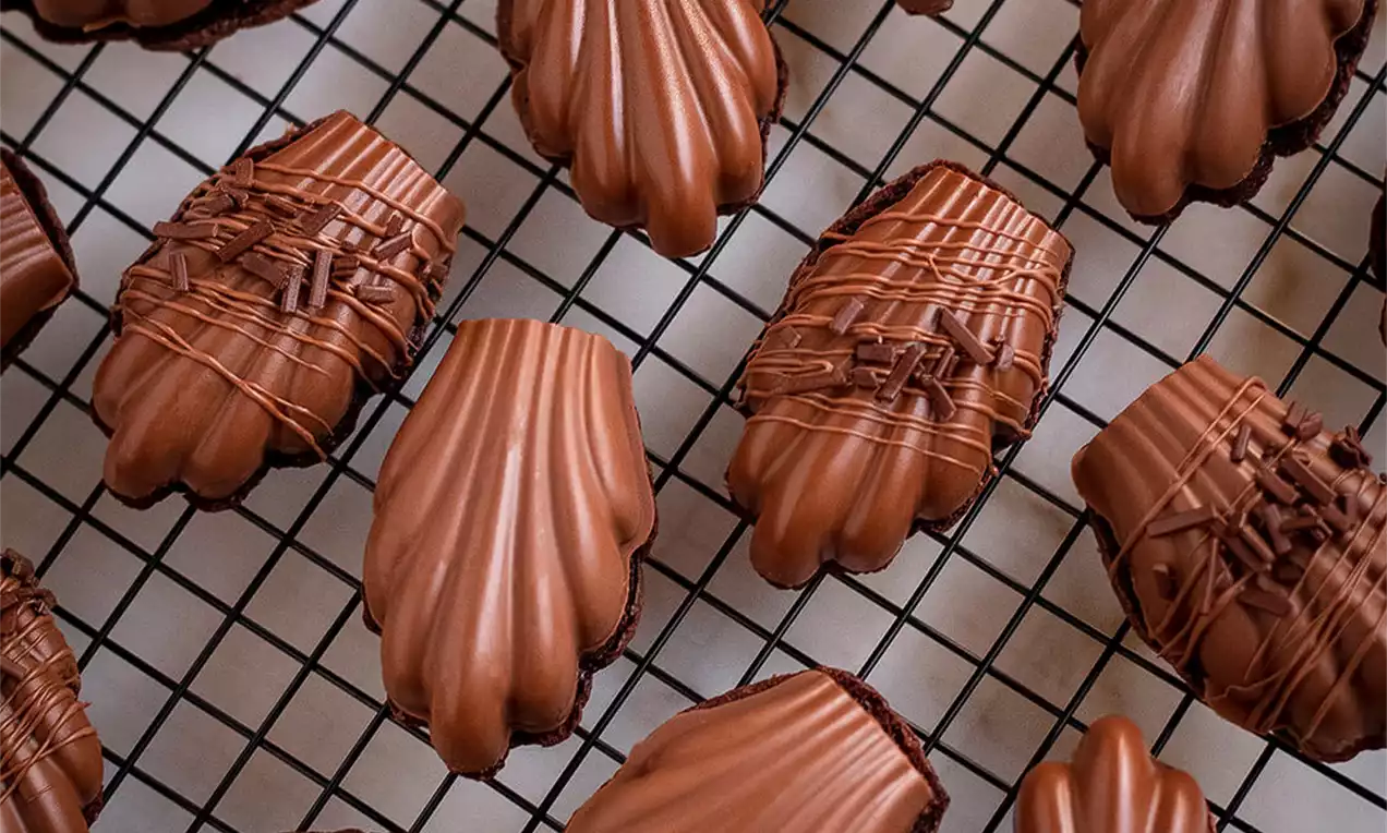 Čokoladne madlene bogate smeđe boje, školjkastog reljefnog oblika s glatkom teksturom, ukrašene crnim misaono raspoređenim kapljicama čokolade na mrežastoj podlozi