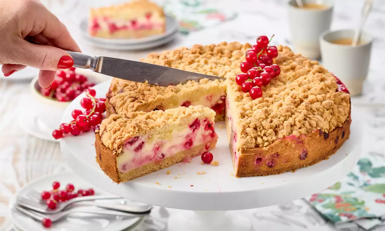 Johannisbeerkuchen mit hellgelber Quarkfüllung und goldbrauner Streuseldecke, dekoriert mit frischen roten Johannisbeeren auf weißer Tortenplatte