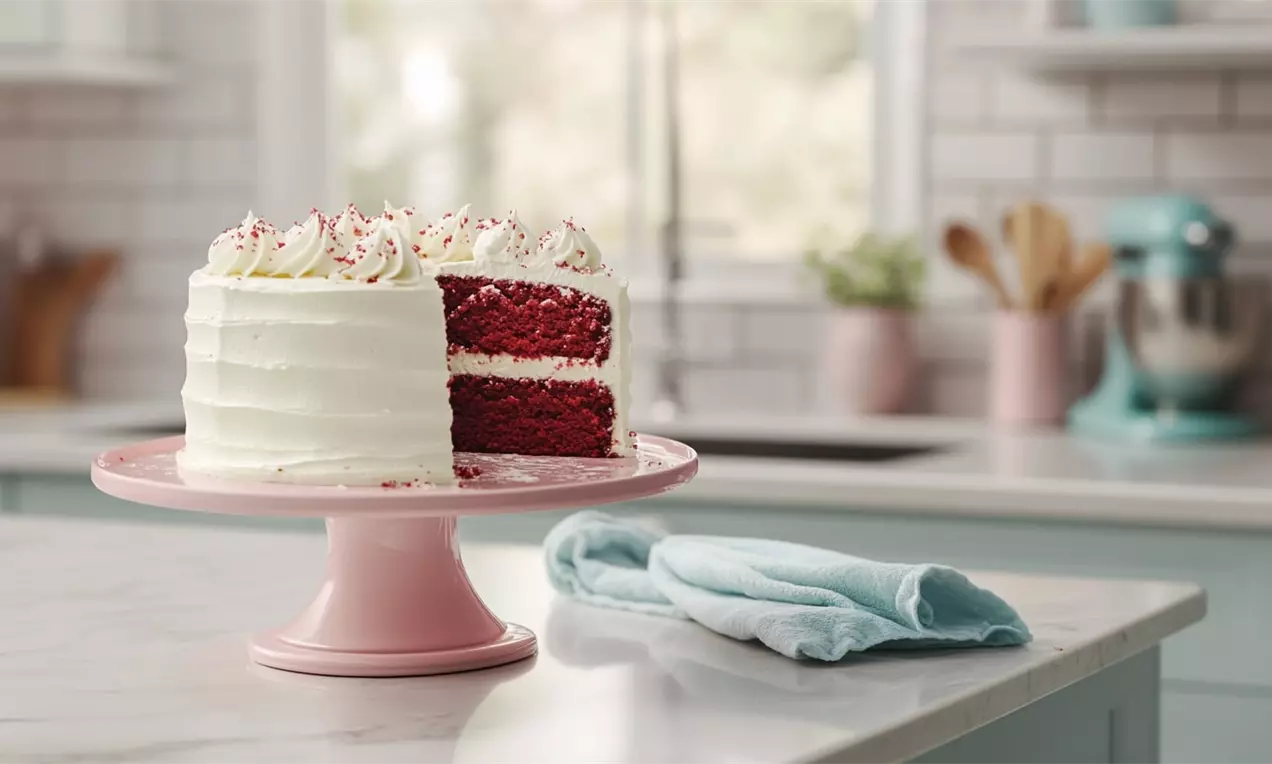 Red Velvet Cake with vibrant red sponge layers, creamy white frosting swirls and sprinkles on a pink stand in a bright kitchen setting