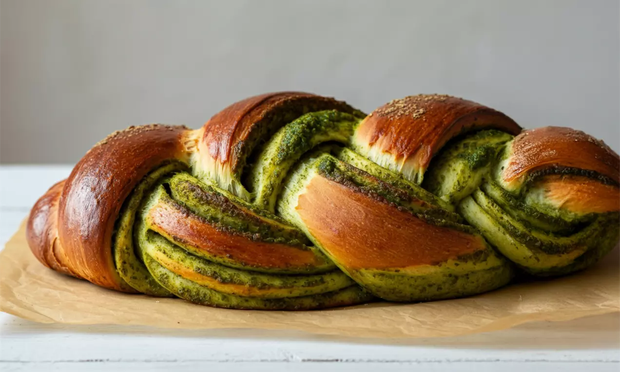 Пухкав плетен козунак с наситени зелени слоеве песто и златисто кафява коричка върху хартия за печене на светъл фон