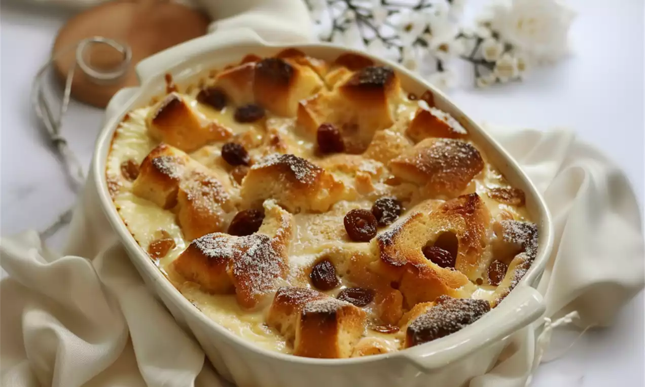 Pudding doré au caramel butterscotch aux morceaux de pain gonflés, raisins secs et sucre fondu dans un plat en céramique crème