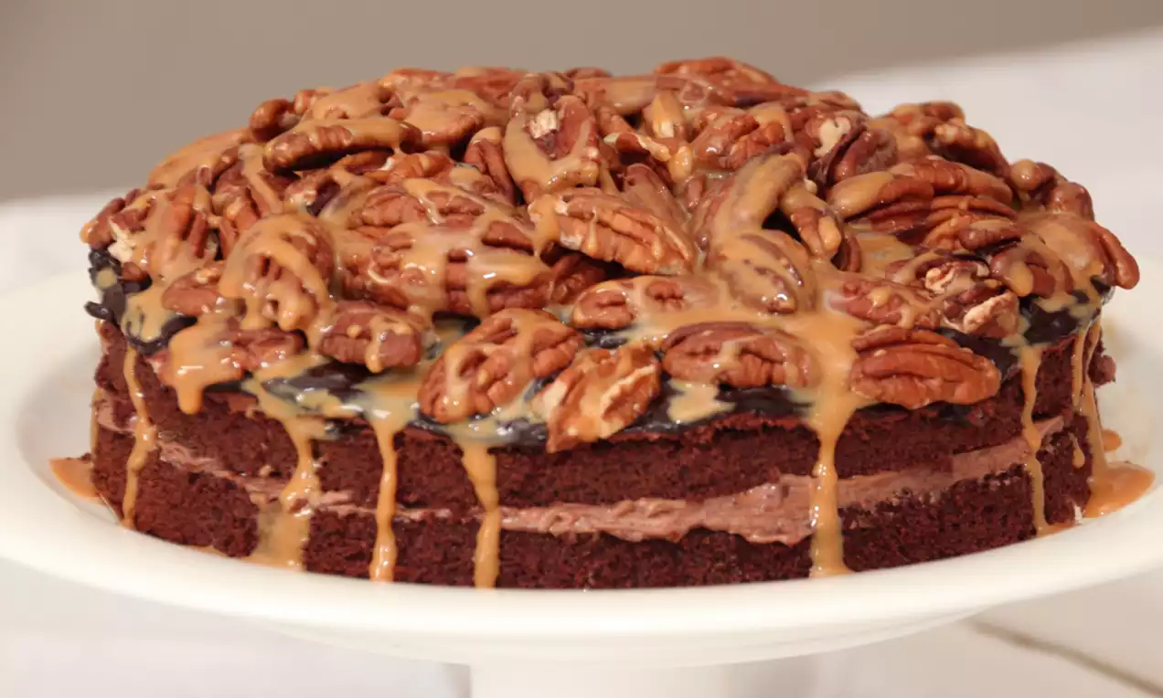 Rond chocolade taartje met donkere lagen crème, gegarneerd met glanzende pecannoten en strepen gouden salted caramel op een wit bord