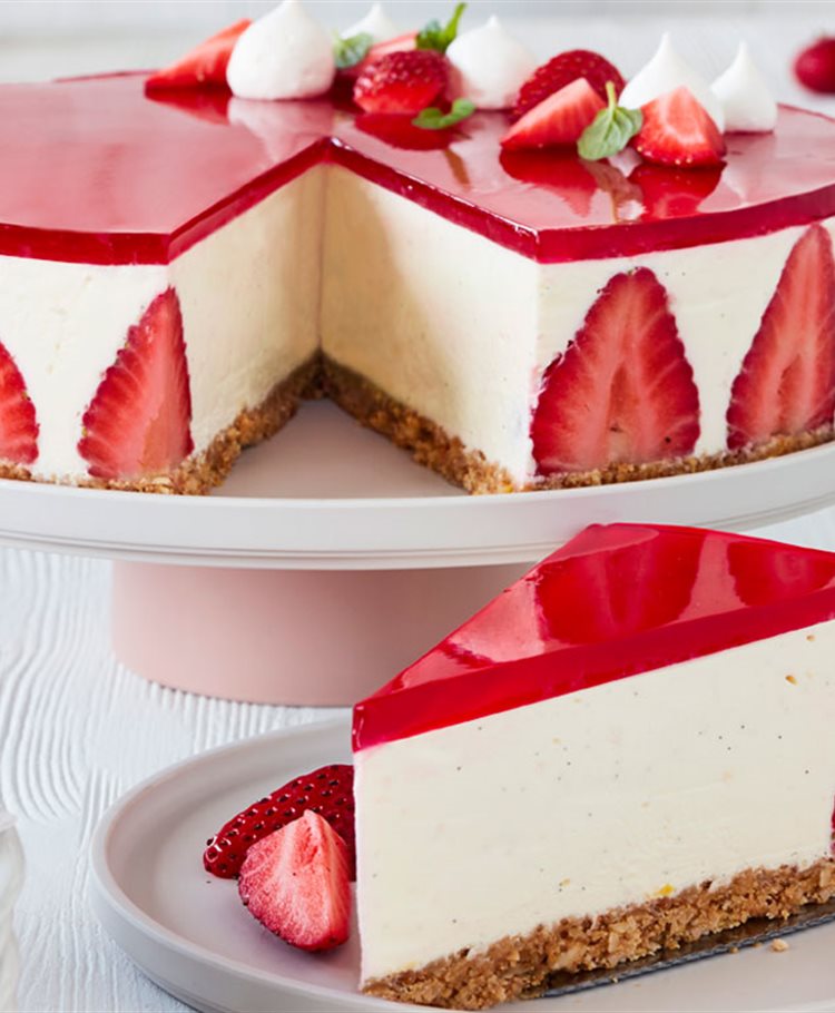 Vegetarisk Cheesecake med vanilje og jordbær gelé