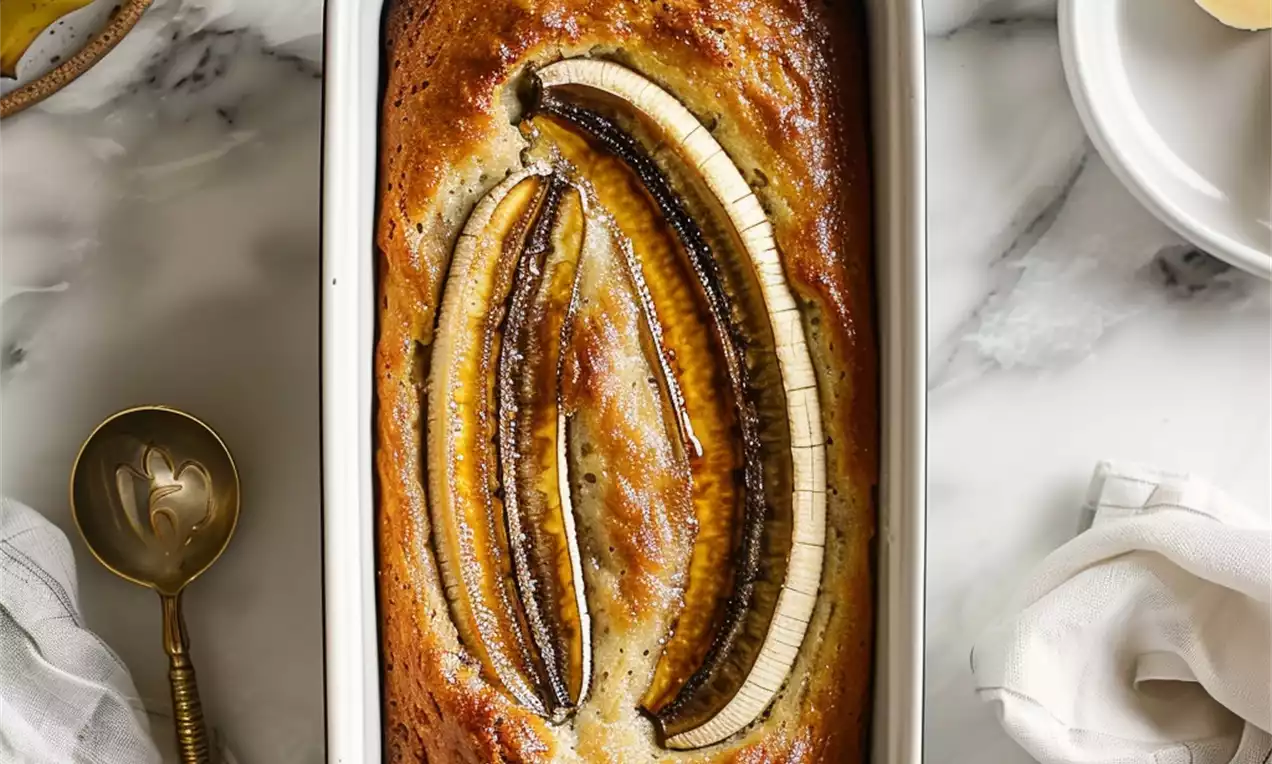 Banana bread moelleux doré dans un moule blanc, décoré de demi-bananes caramélisées sur une table en marbre avec une cuillère dorée