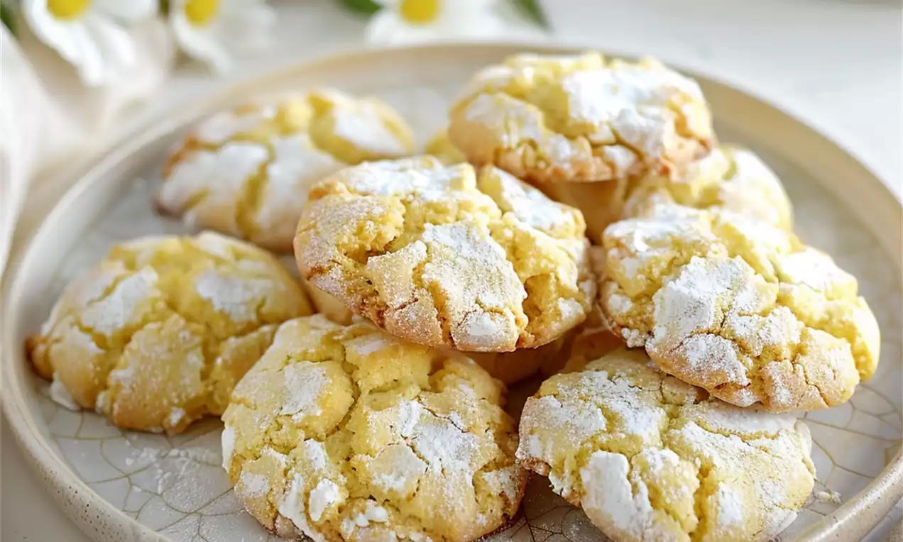 Soft lemon cookies with golden cracks, dusted in powdered sugar, arranged on a textured beige plate with daisies and lemons nearby