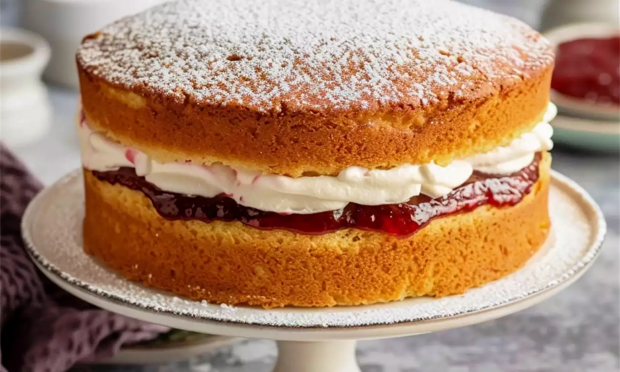 Golden Victoria sponge cake with a layer of red jam and whipped cream, dusted with powdered sugar on a white cake stand