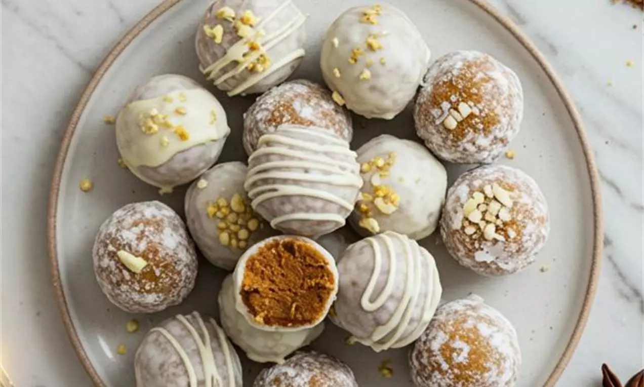 Picture - Round gingerbread truffles coated in white chocolate with drizzled lines, golden sprinkles, and one cut to reveal spiced filling on a plate