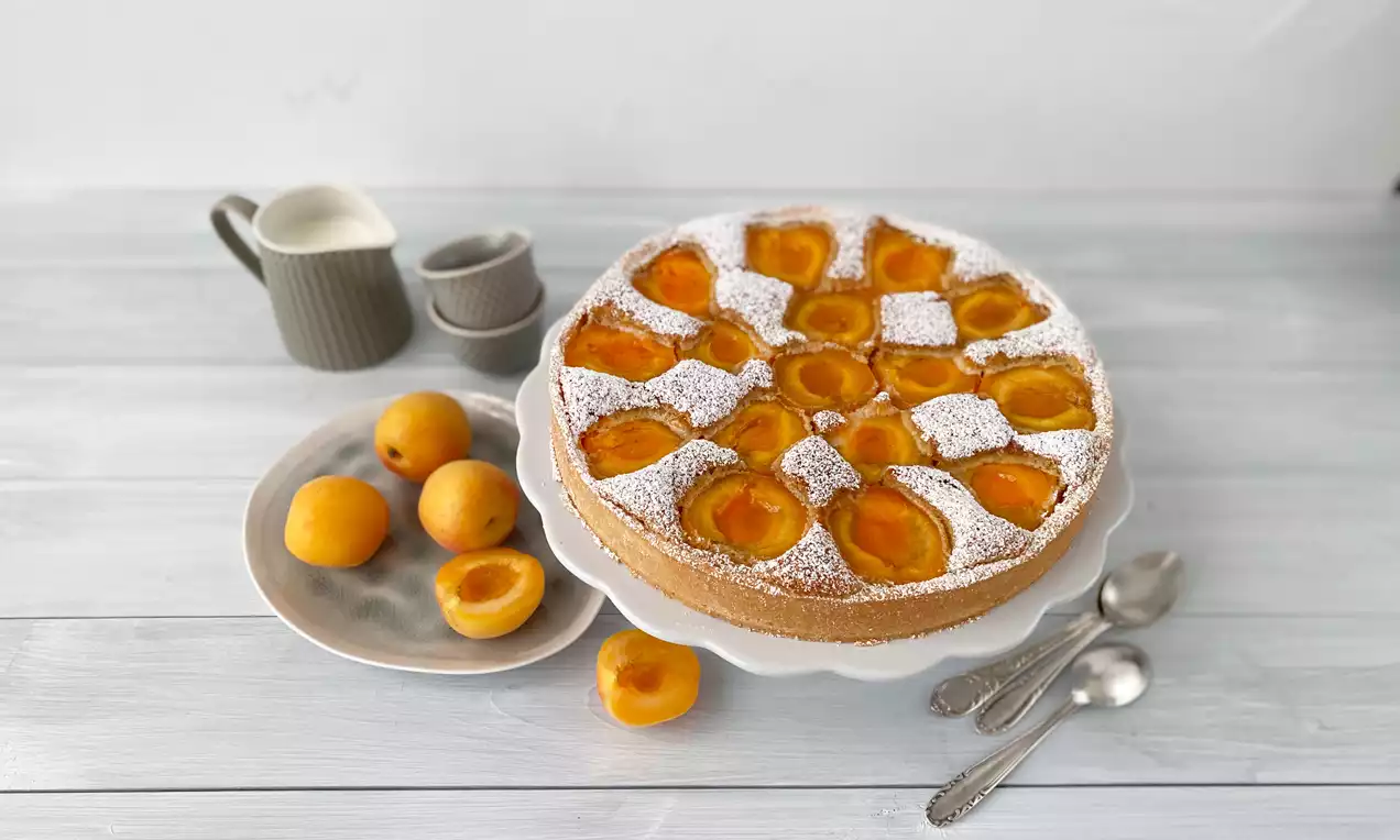 Runde Aprikosentarte mit goldgelben Aprikosenhälften, bestäubt mit Puderzucker, auf einer weißen Tortenplatte mit Aprikosen und Besteck arrangiert