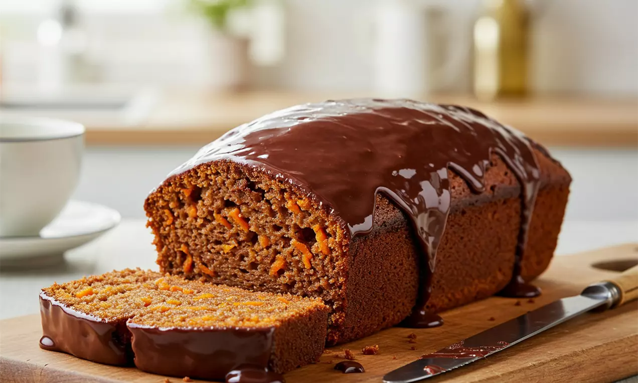 Prhka smeđa štruca s narančastim komadićima mrkve, prekrivena sjajnim slojem tamne čokolade na drvenoj dasci uz nož i šalicu