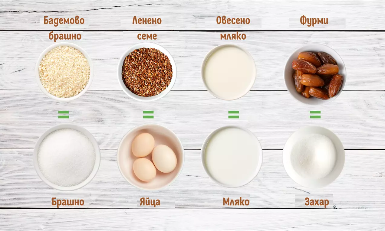 Четири купички с бадемово брашно, ленено семе, овесено мляко и фурми върху светъл дървен плот в чиста подредба
