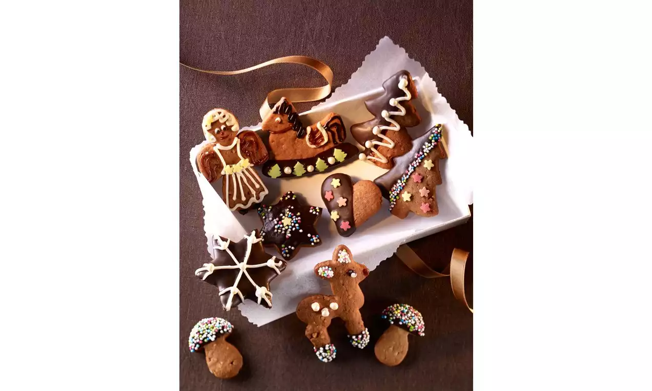 Raznovrsni lebkuchen kolačići tamnosmeđe boje, ukrašeni šarenim glazurama i mrvicama, složeni na bijelom papiru sa zlatnom vrpcom