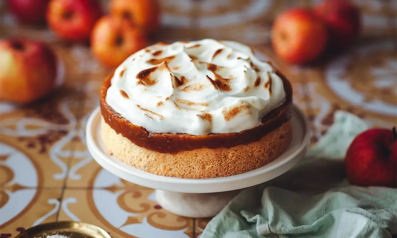 Jablečný koláč se světlým korpusem, jablečnou vrstvou zdobený sněhem a bílém servírovacím talíři. Okolí zdobeno jablky.
