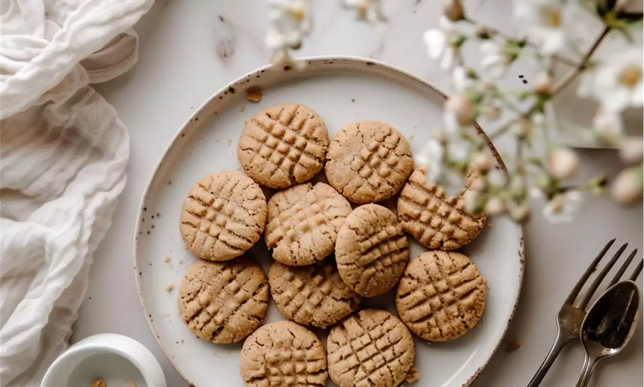 Golden brown peanut butter cookies with crisscrossed tops arranged on a speckled white plate, surrounded by delicate white blossoms