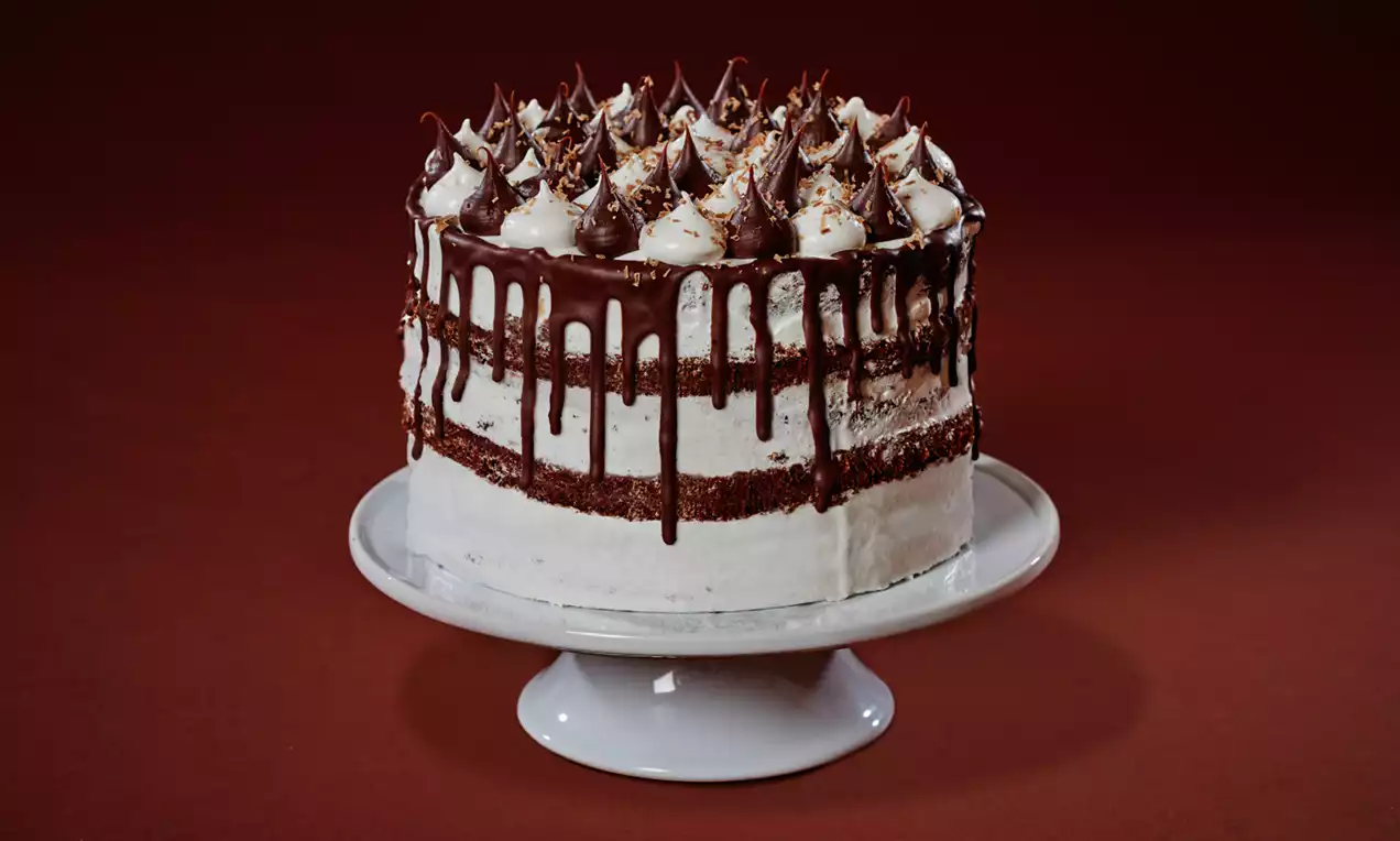 Layered chocolate and lime cake with smooth white frosting, dripping chocolate glaze, piped cream swirls and sprinkles on a white stand