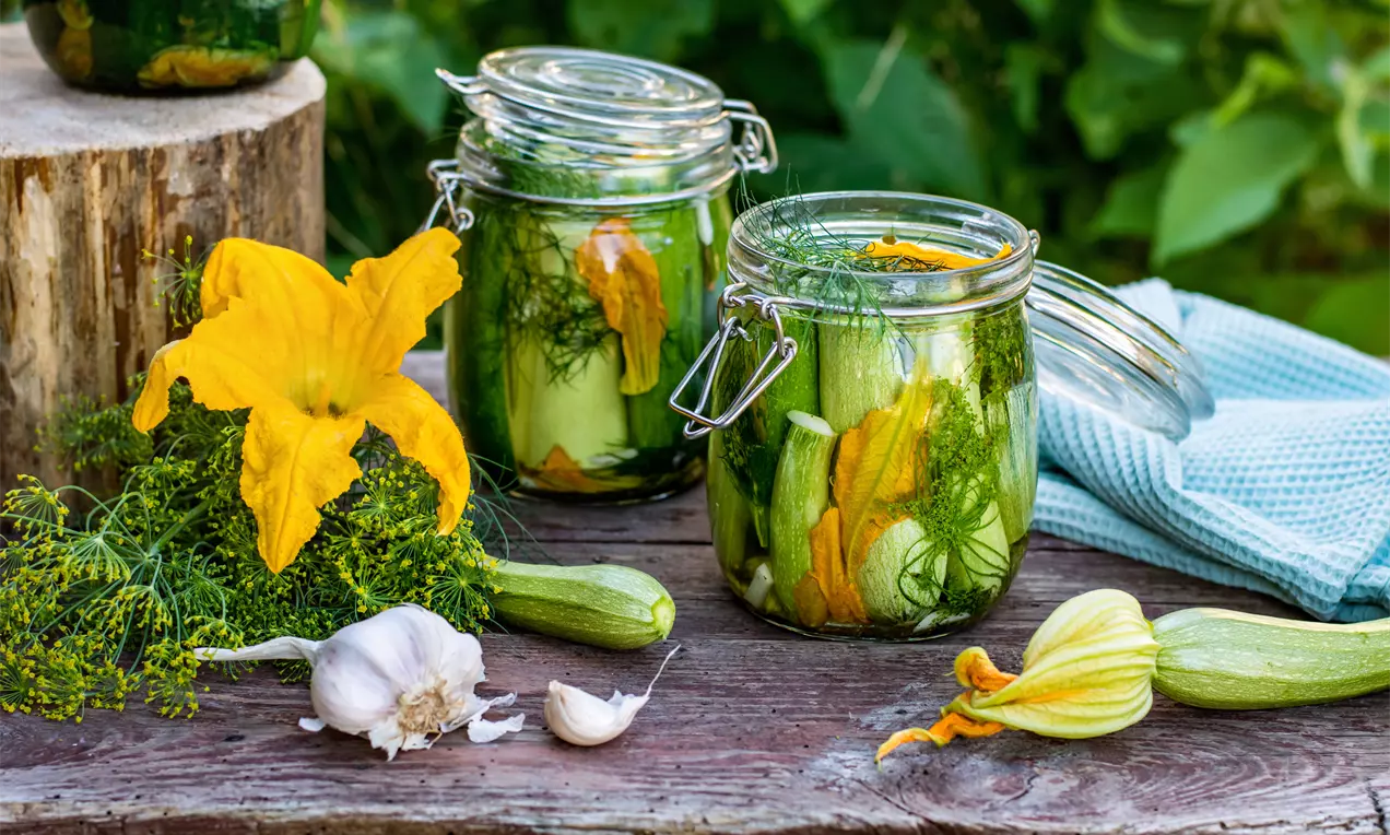 Малки зелени тиквички с цветове и копър, потопени в буркани със солена течност, поставени върху дървена маса сред зеленина и чесън