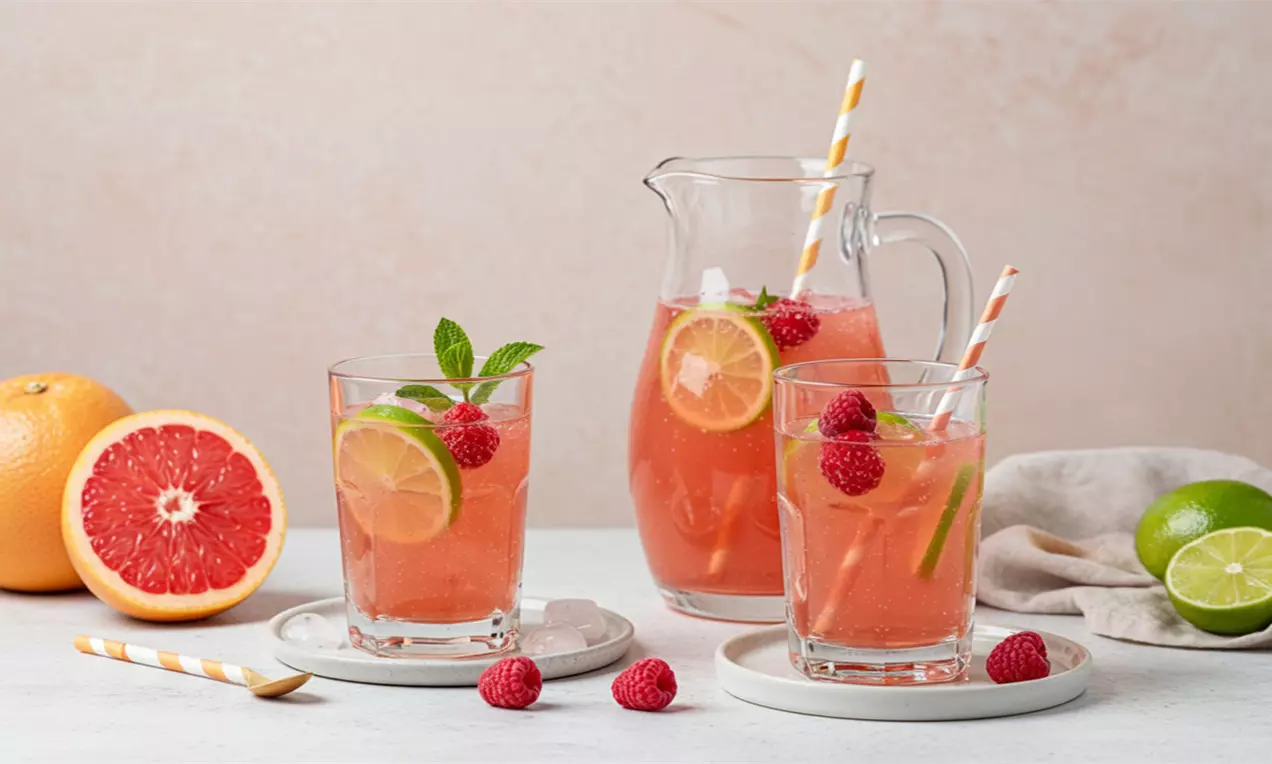Розова лимонада с ароматни малини, резени лайм и лимон в прозрачна кана и чаши с цветни сламки върху светла маса