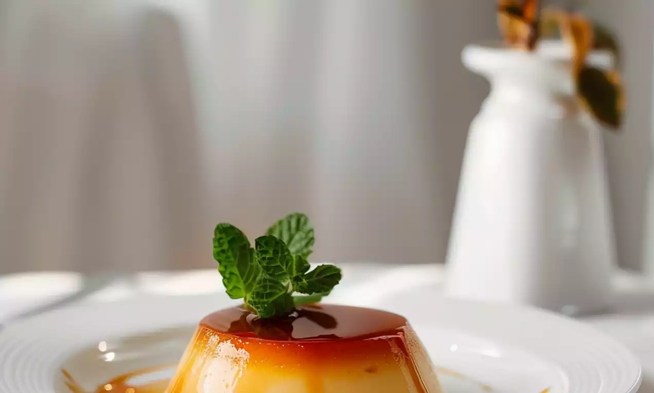 Caramel-colored flan with a smooth glossy surface and pale yellow base, topped with fresh green mint leaves on a white plate