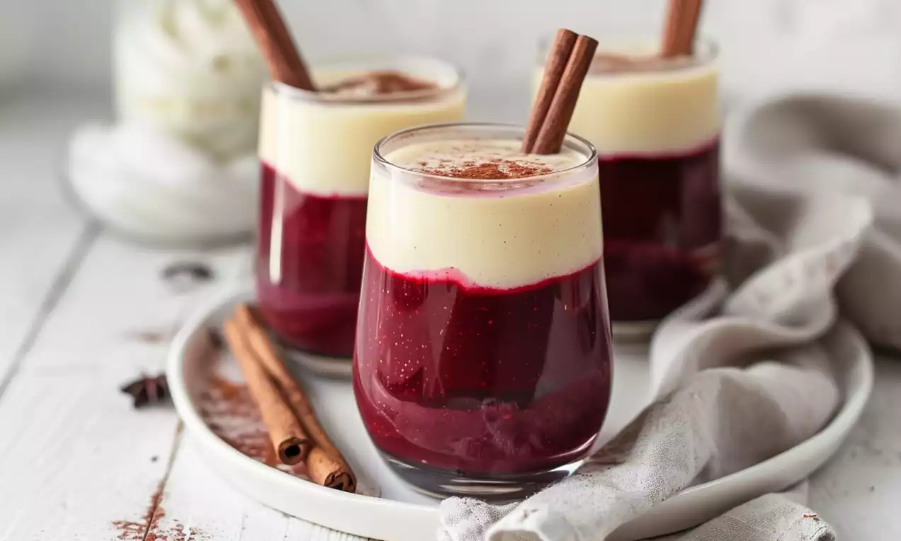 Sagu com vinho e creme de baunilha com pérolas vermelho-púrpura sobre creme amarelo-claro, servido em taça de vidro com folhas de hortelã