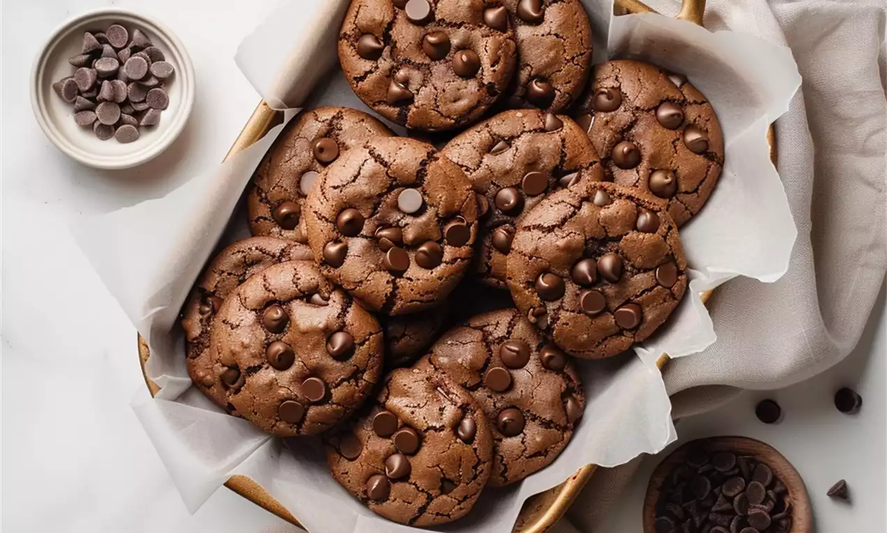 Golden brown double chocolate chip cookies with crackled tops, studded with melty dark chocolate chips in a basket lined with parchment paper